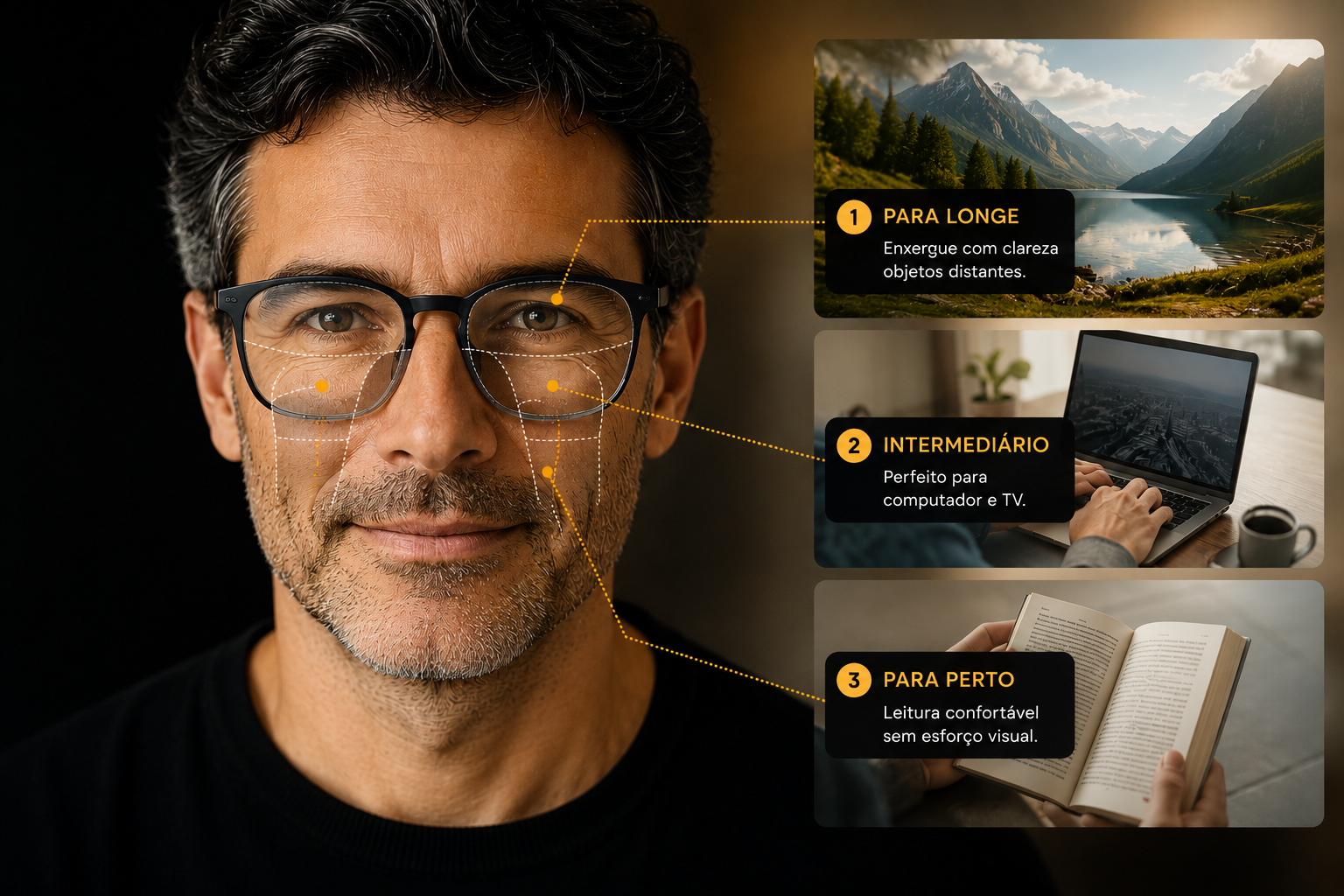Lentes multifocais — três distâncias